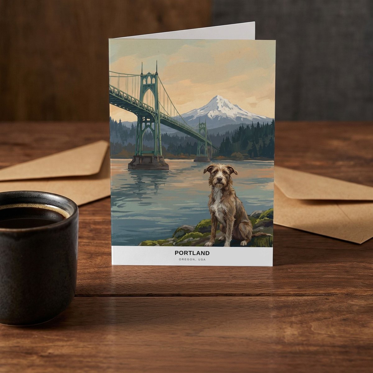 A folded card standing on a rustic wood table beside a mug of coffee