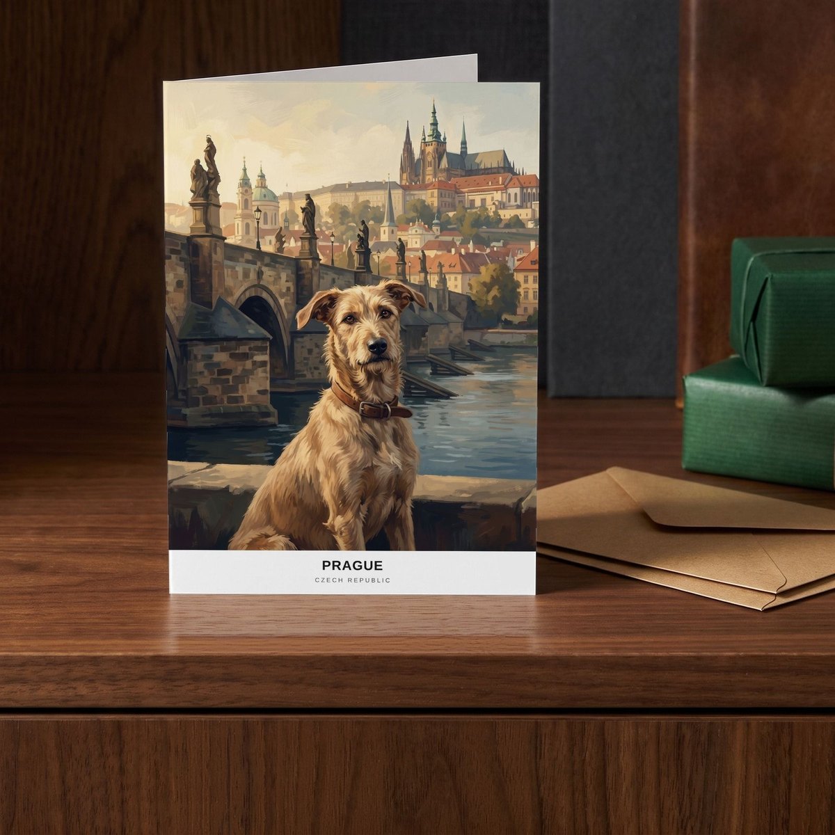 A folded card standing on a walnut sideboard beside two presents wrapped in green