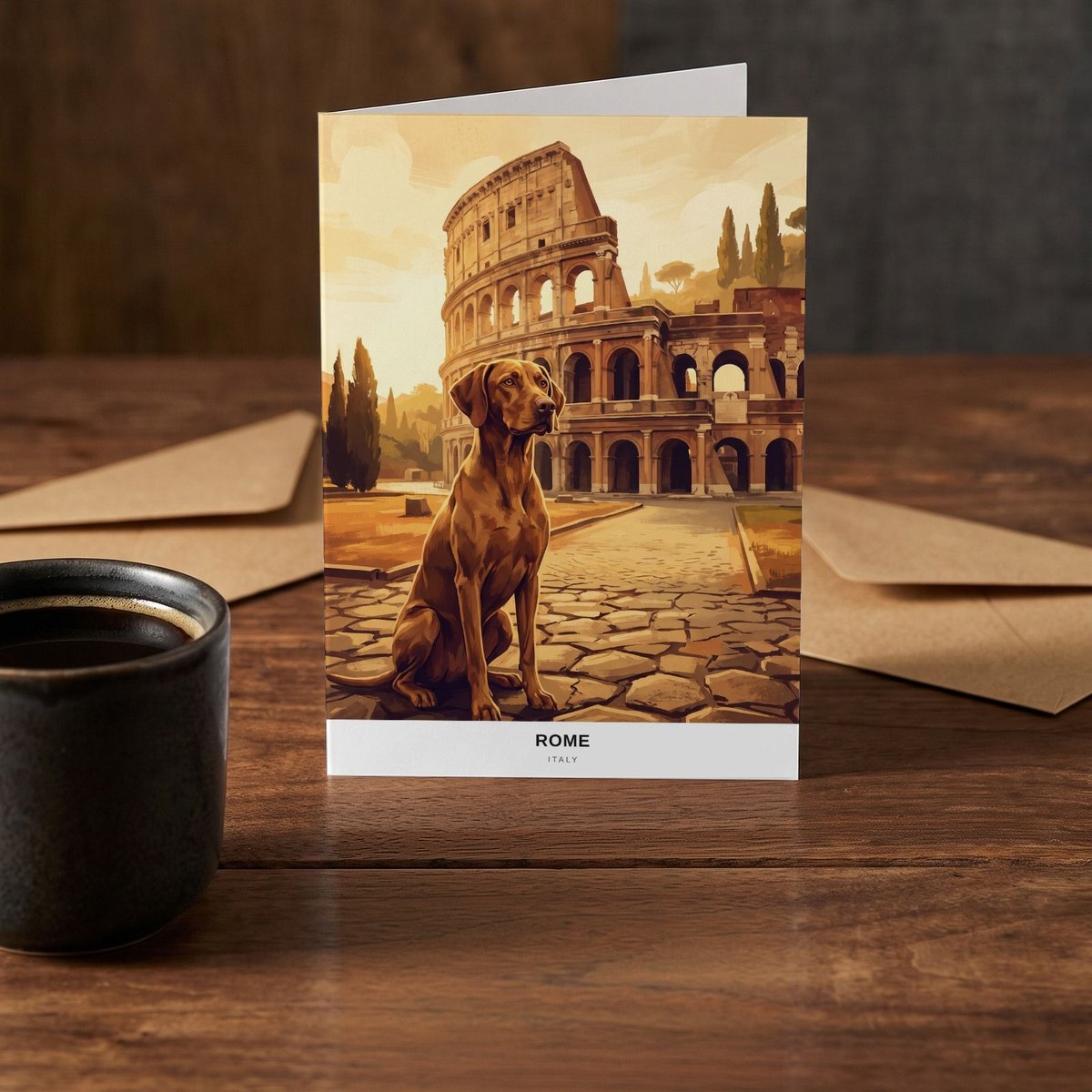 A folded card standing on a rustic wood table beside a mug of coffee