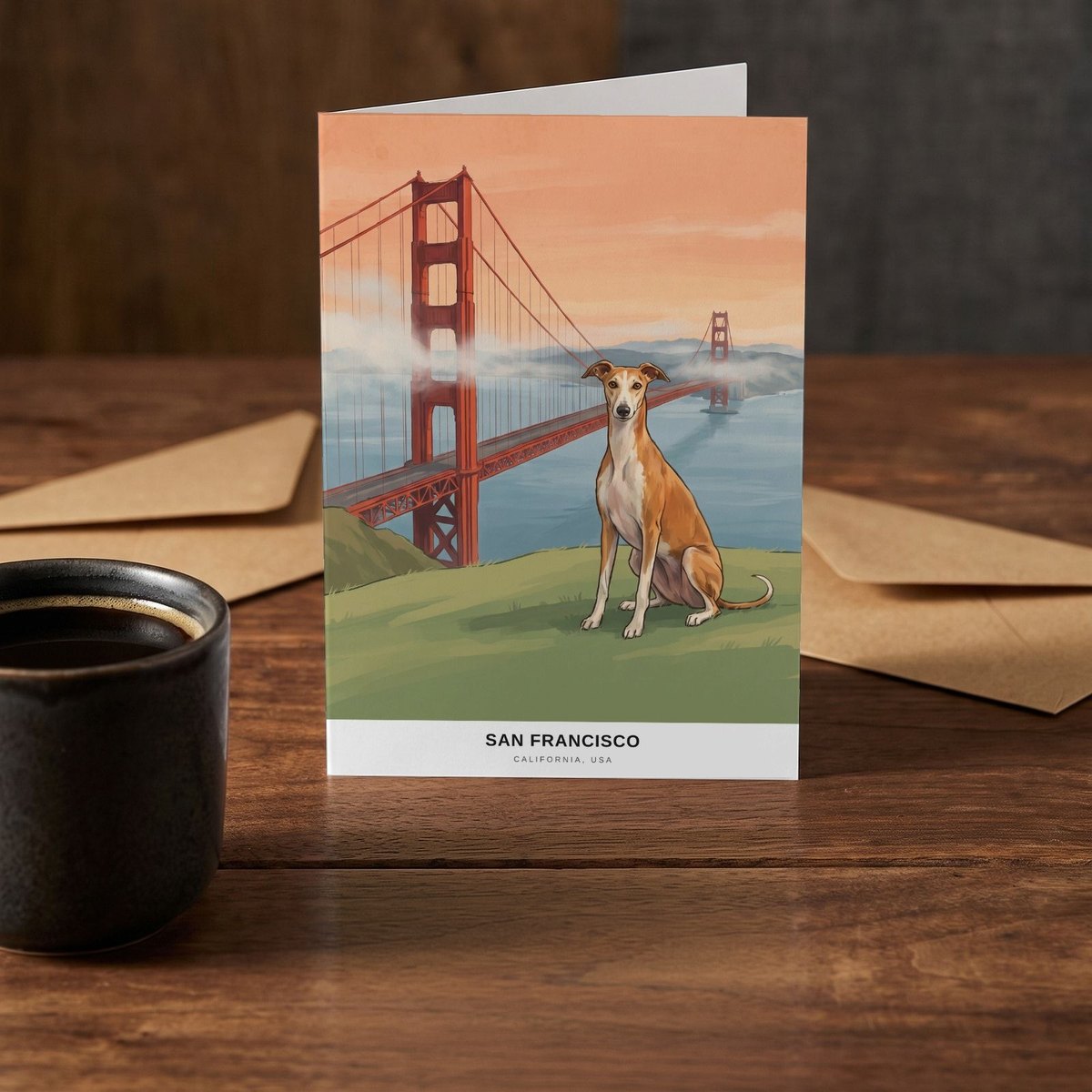 A folded card standing on a rustic wood table beside a mug of coffee