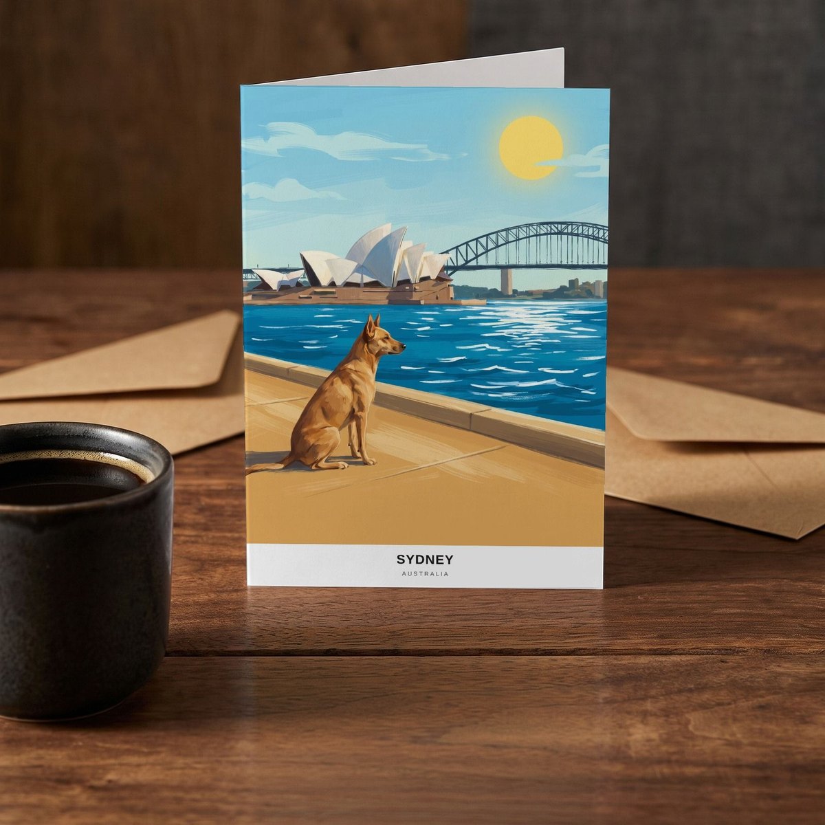 A folded card standing on a rustic wood table beside a mug of coffee