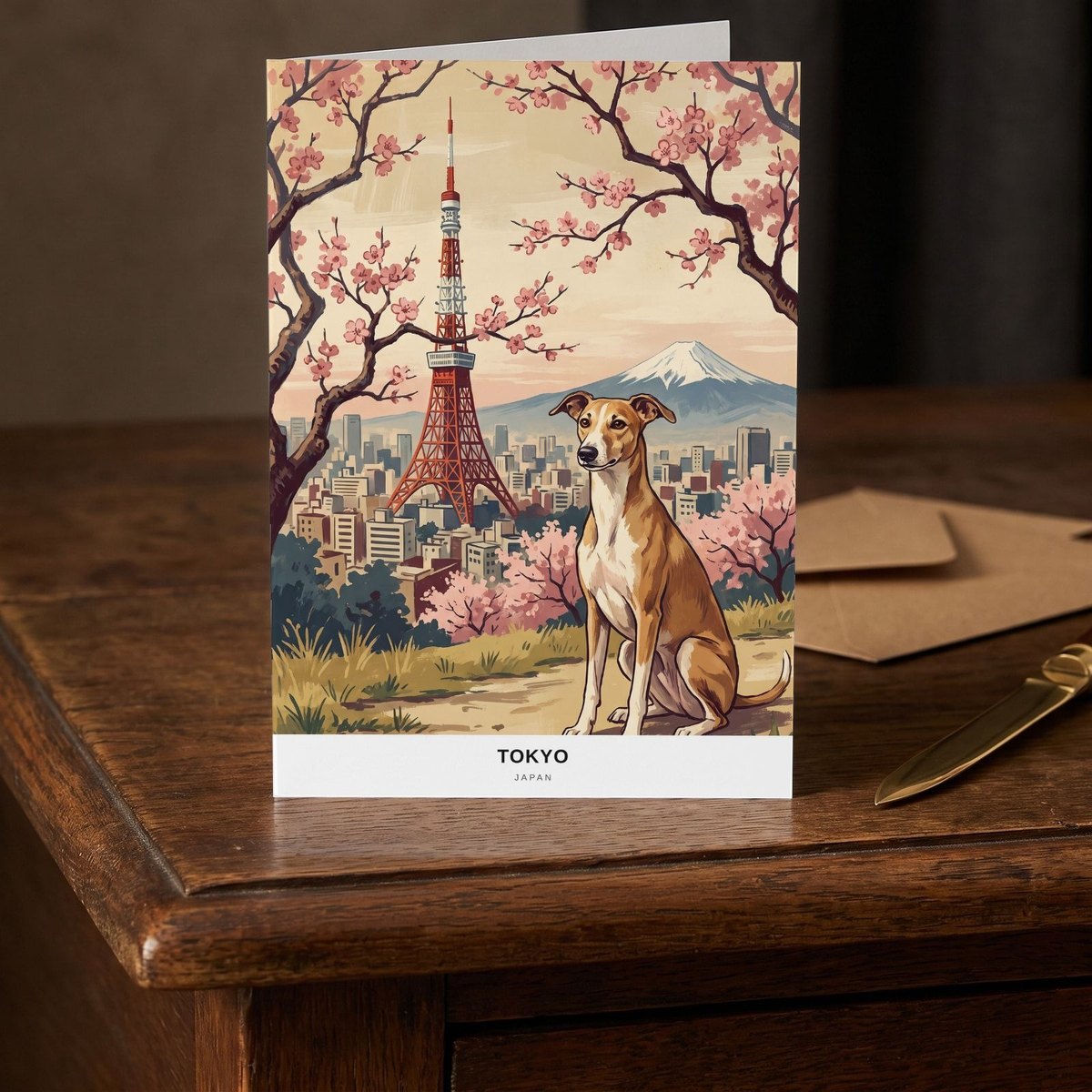 A folded card standing on a dark oak writing desk beside a brass letter opener