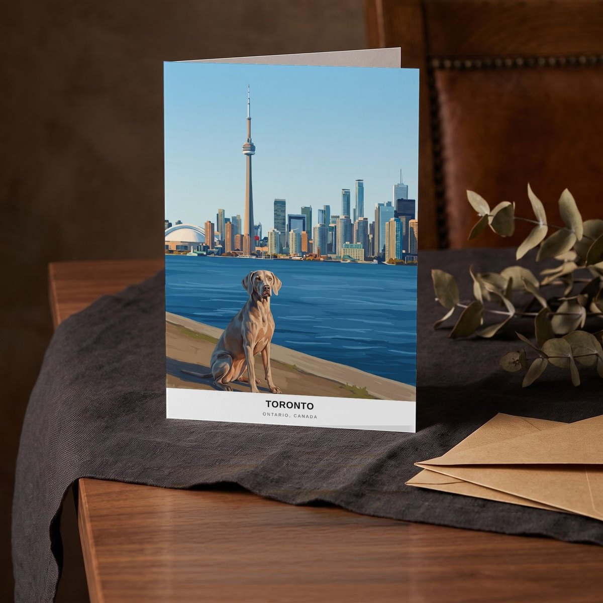 A folded card standing on a charcoal linen cloth with a sprig of dried eucalyptus
