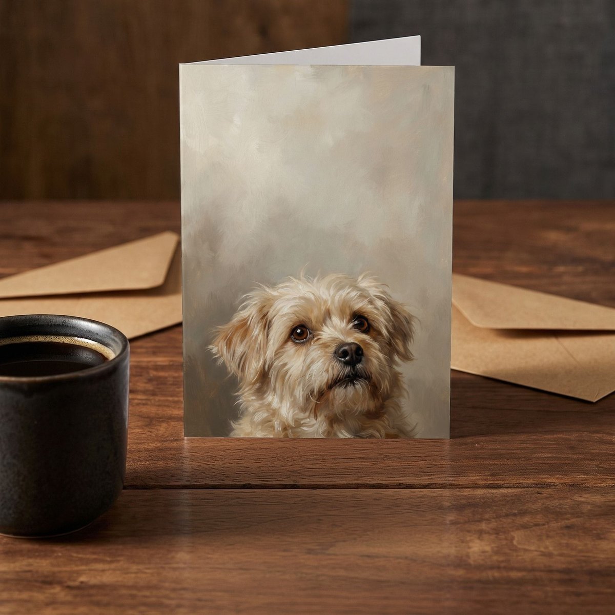 A folded card standing on a rustic wood table beside a mug of coffee