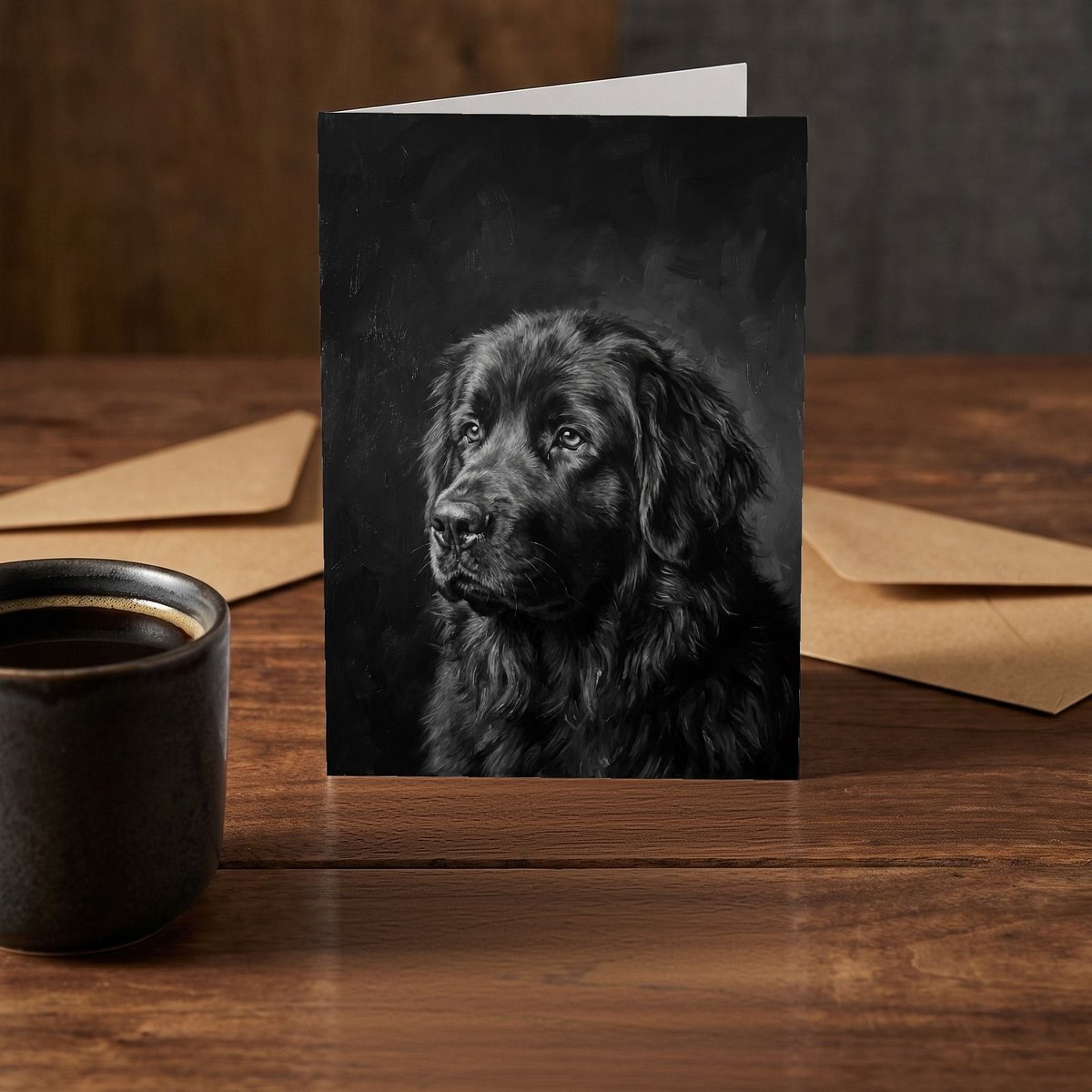 A folded card standing on a rustic wood table beside a mug of coffee