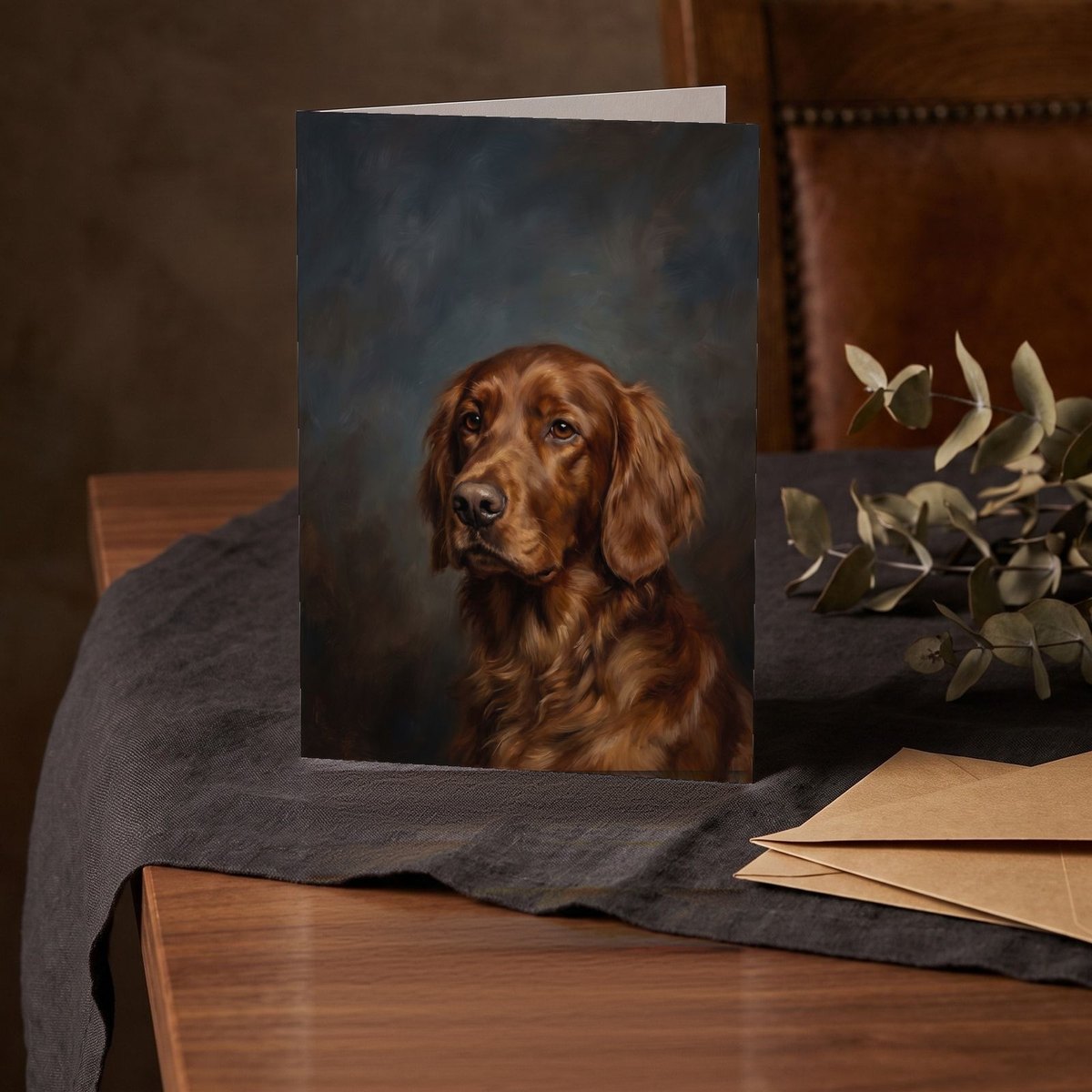 A folded card standing on a charcoal linen cloth with a sprig of dried eucalyptus