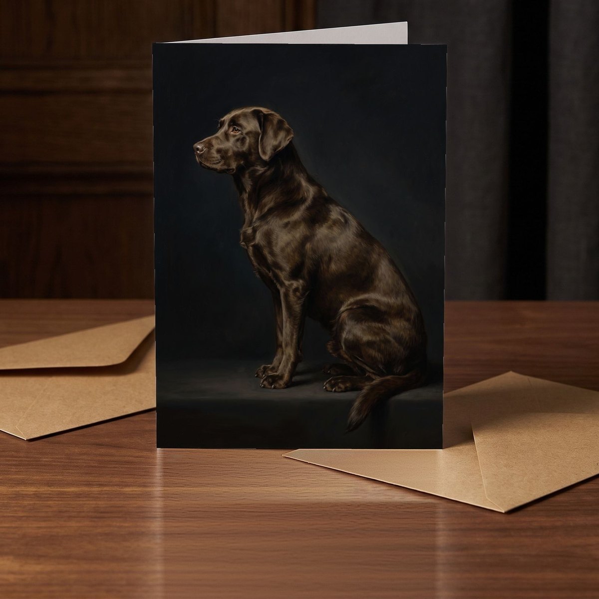 A folded card standing on a warm walnut table in a dim room