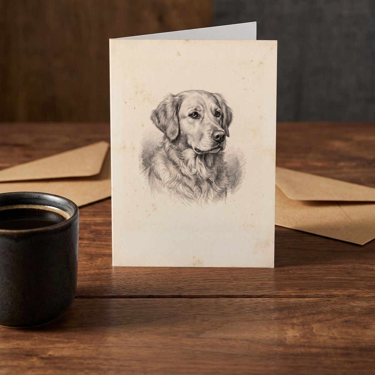 A folded card standing on a rustic wood table beside a mug of coffee