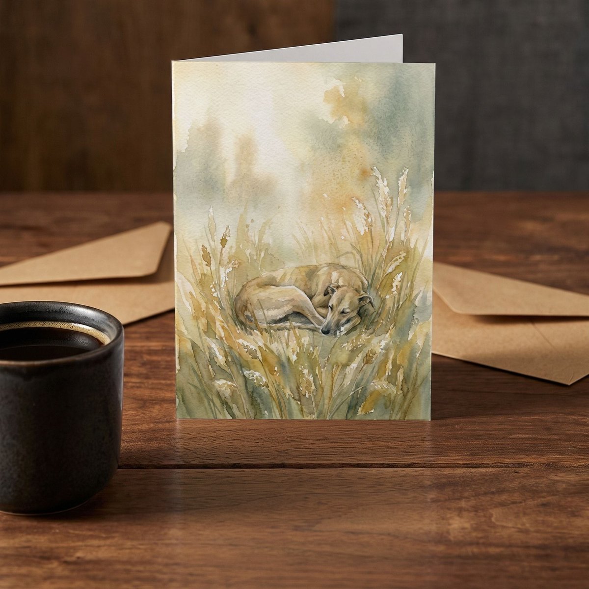 A folded card standing on a rustic wood table beside a mug of coffee