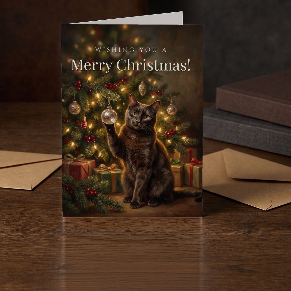 A folded card standing on a dark oak table beside two clothbound books