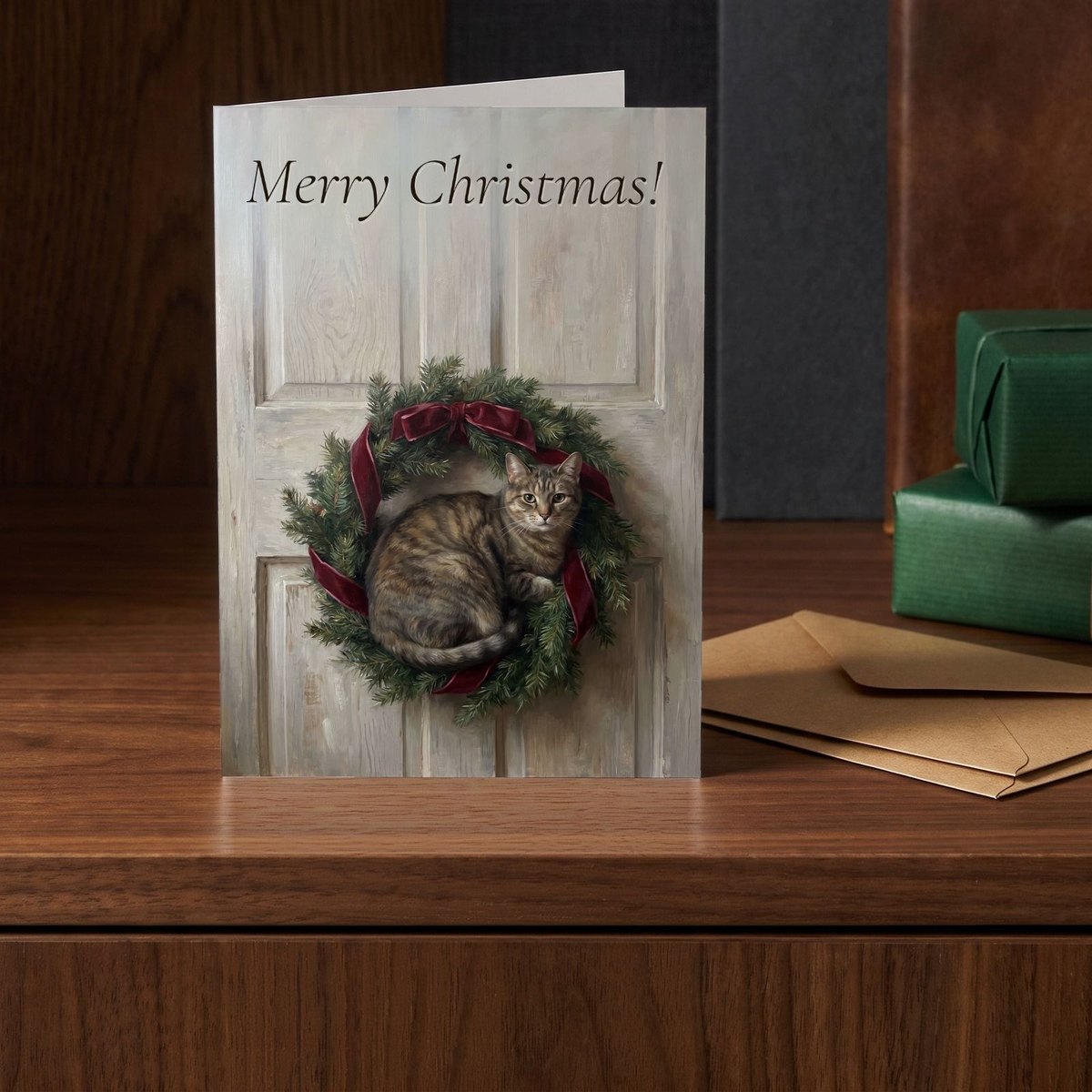 A folded card standing on a walnut sideboard beside two presents wrapped in green