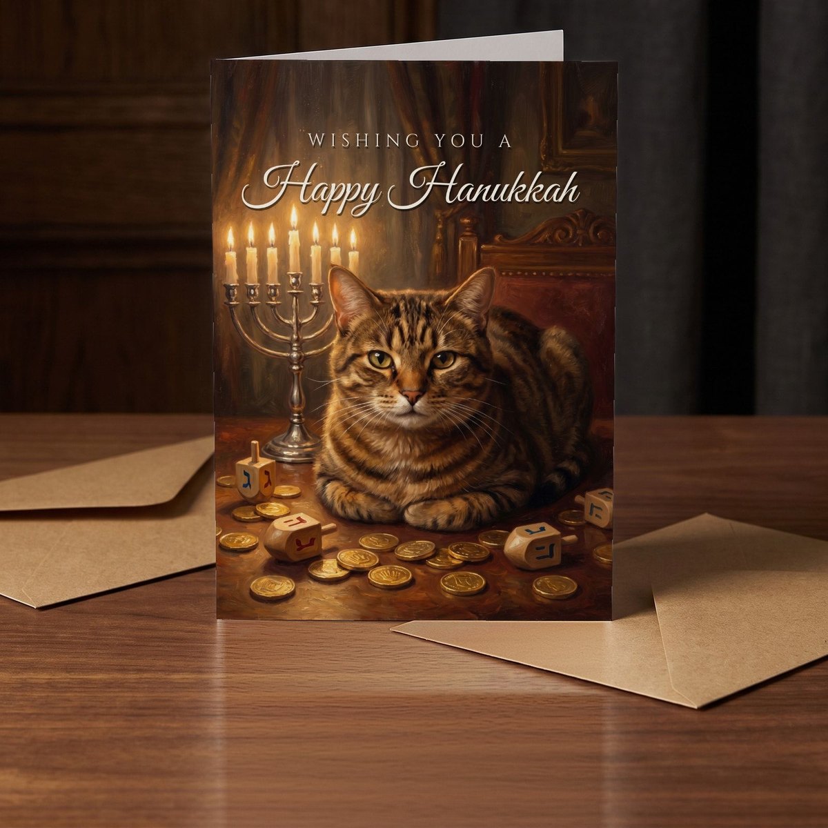 A folded card standing on a warm walnut table in a dim room