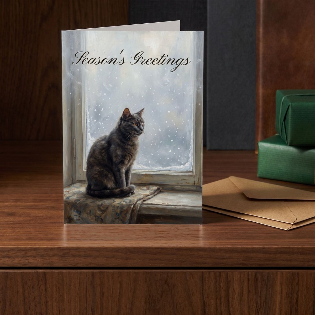 A folded card standing on a walnut sideboard beside two presents wrapped in green