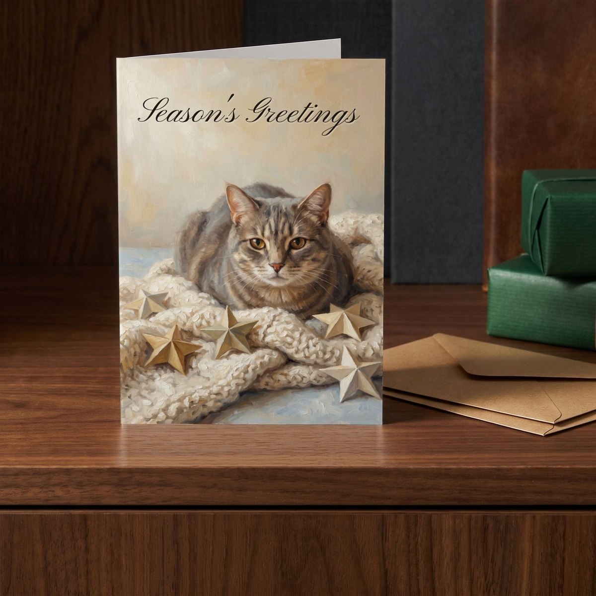 A folded card standing on a walnut sideboard beside two presents wrapped in green