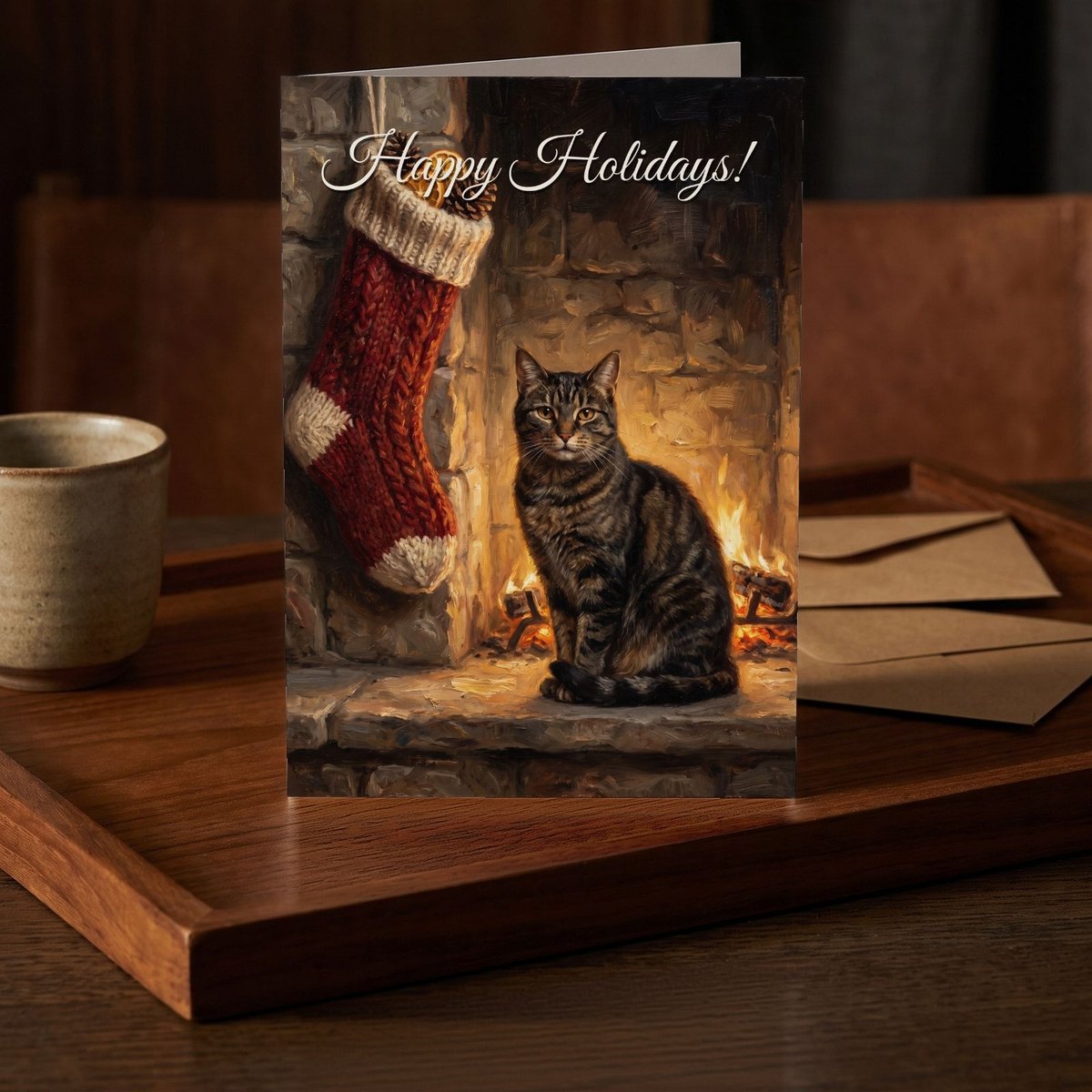 A folded card standing on a dark teak tray beside a small stoneware cup