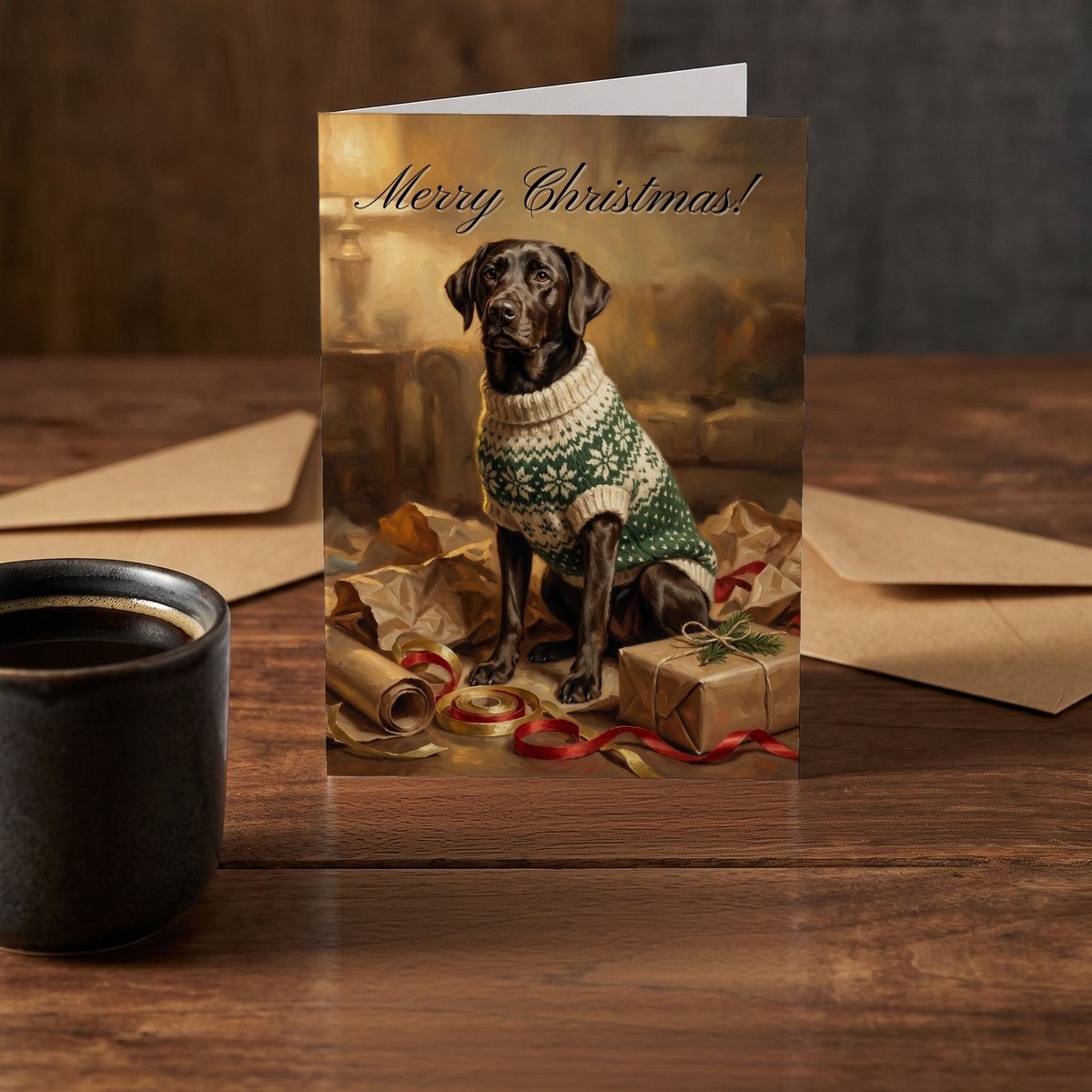 A folded card standing on a rustic wood table beside a mug of coffee