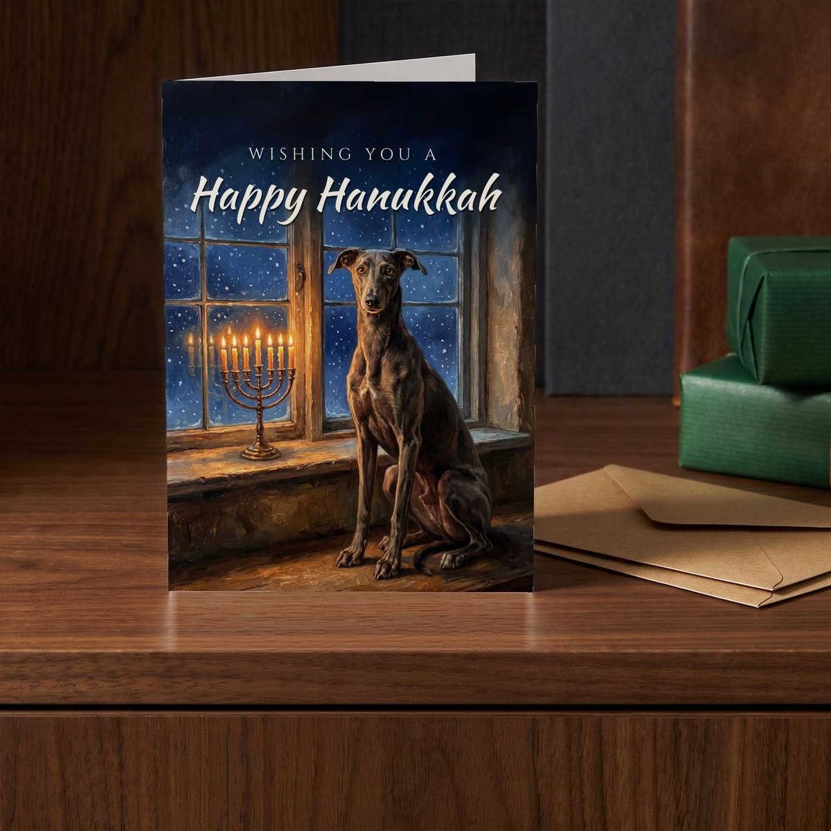 A folded card standing on a walnut sideboard beside two presents wrapped in green