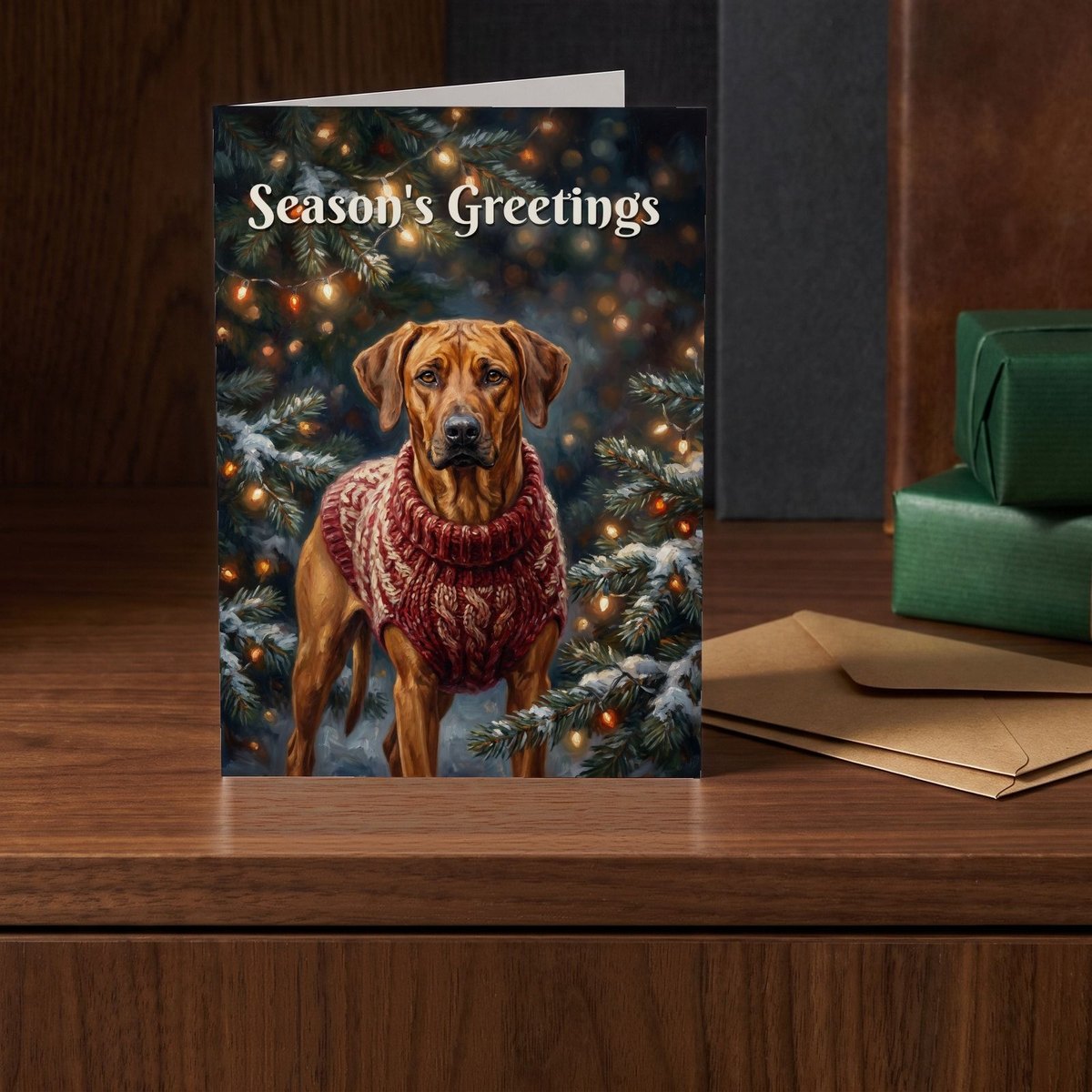 A folded card standing on a walnut sideboard beside two presents wrapped in green