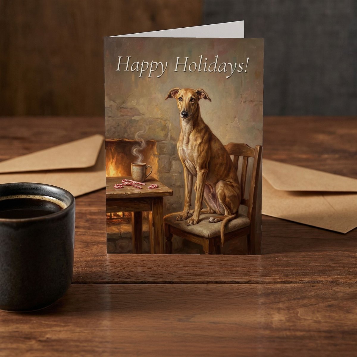 A folded card standing on a rustic wood table beside a mug of coffee