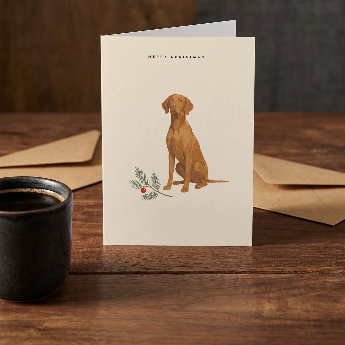 A folded card standing on a rustic wood table beside a mug of coffee