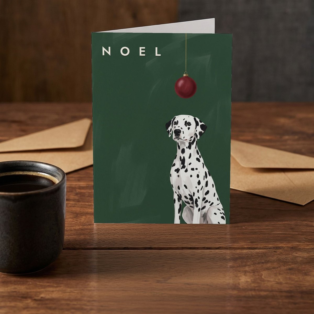 A folded card standing on a rustic wood table beside a mug of coffee