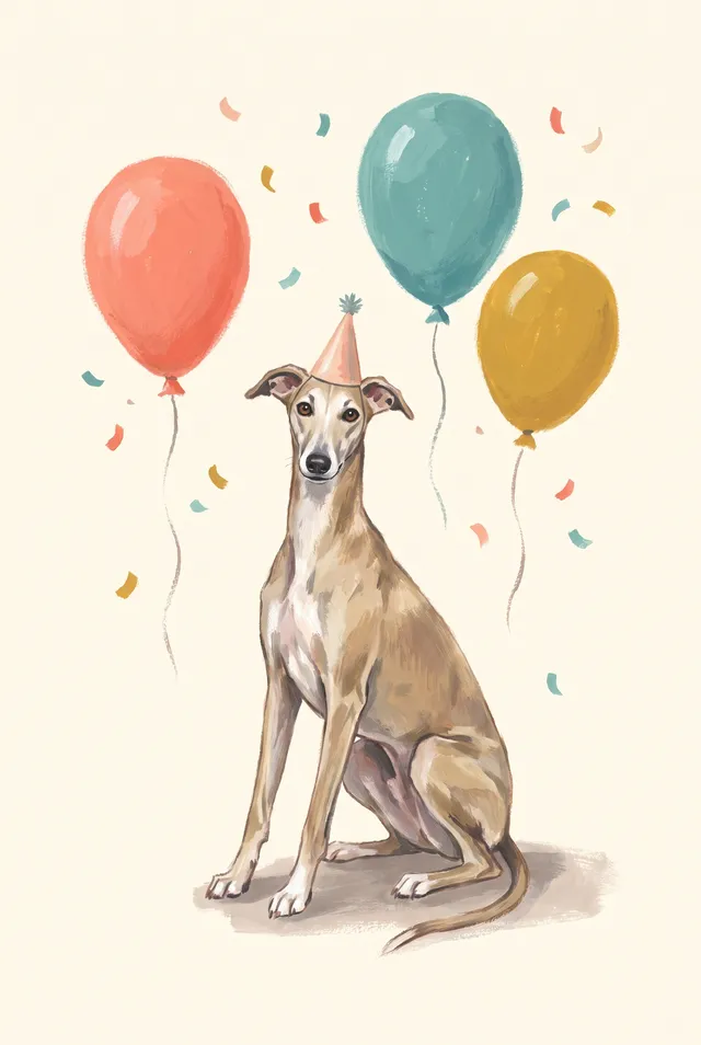 Birthday confetti card: a dog painted amid falling confetti.