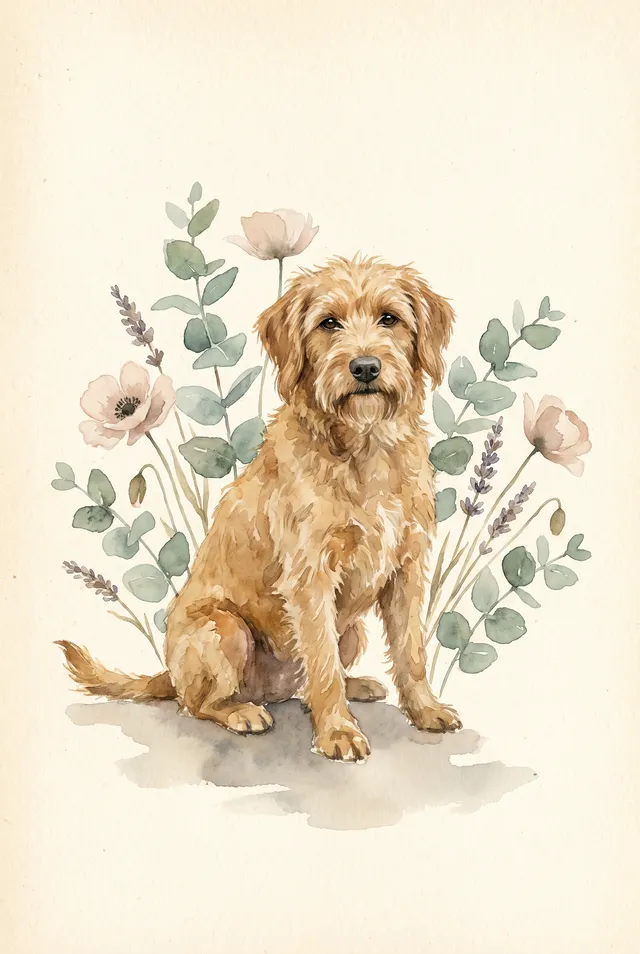 Botanical note card: a dog painted among soft illustrated foliage.