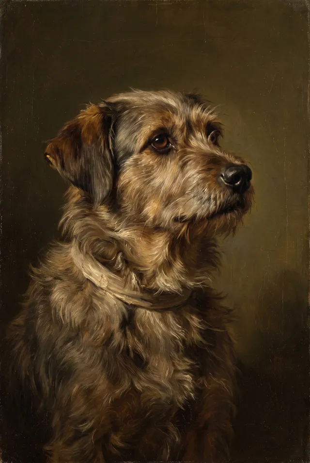 Heritage portrait card: a dog painted in a classical oil-portrait style.